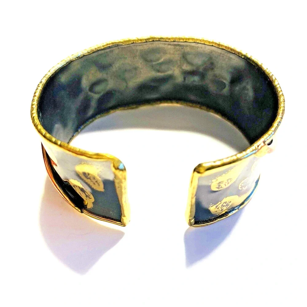 Vintage Artisan Jewelry Cuff Bracelet Handmade Crafted Mixed Metals Art To Wear